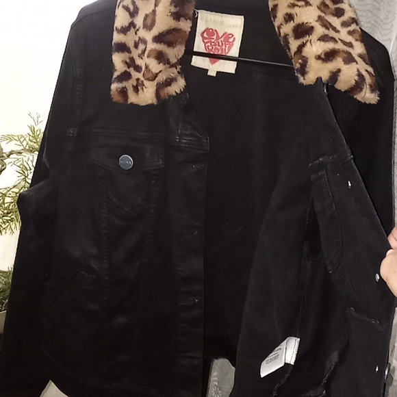 NEW Slink Jeans Black Denim Jean Jack w Removable Leopard Print Fx Fur Collar - Picture 6 of 12